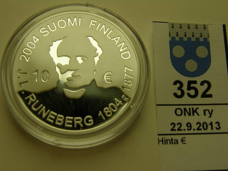 k-0352-a.jpg - Kohde 352, l�ht�hinta: 26 &euro; 10 &euro; 2004 Ag, proof, Runeberg, kapseli, kunto: 10