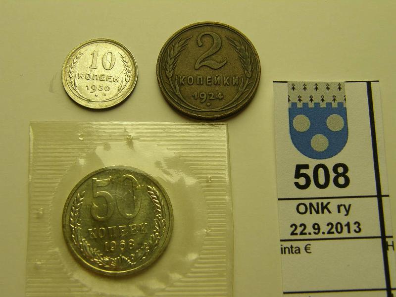 k-0508-a.jpg - Kohde 508, lhthinta: 3 € / myyntihinta: 11 € 2-50 kop er (3) 1924-68 2kop 1924 prvja (kl4); Ag 10kop 1930 puhd (kl5); 50kop 1968 (kl8), kunto: 4-8