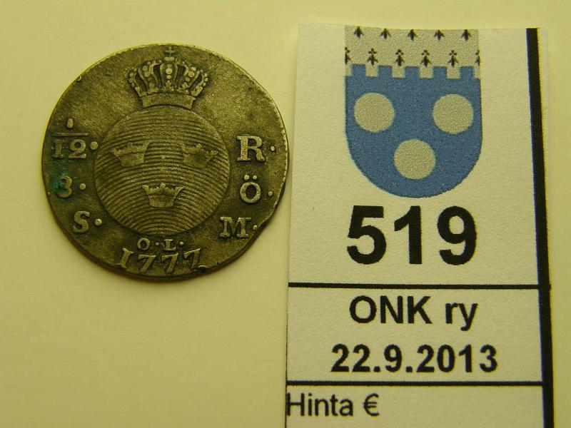 k-0519-a.jpg - Kohde 519, l�ht�hinta: 15 &euro; / myyntihinta: 21 &euro; 1/12 RD 1777 KM#520 Ag, ollut ripustettuna?, kunto: 5