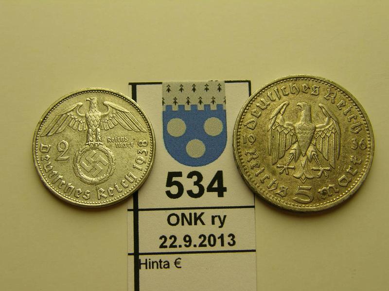 k-0534-a.jpg - Kohde 534, lhthinta: 5 € / myyntihinta: 10 € Saksa 2+5 mk 1936, -38 KM#93; 86 Ag, Deutsches Reich 2mk 1938, 5mk 1936, kunto: 5