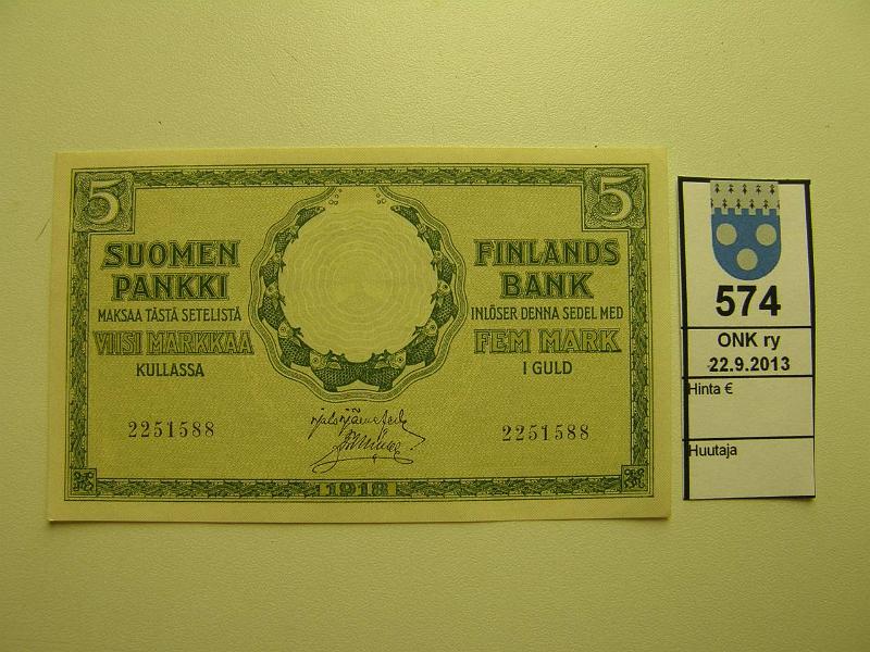k-0574-a.jpg - Kohde 574, lhthinta: 25 € / myyntihinta: 44 € 5 mk 1918 SNY 131 2251588 JR-Ml, ei taitteita, kulmissa pyristym, kunto: 8