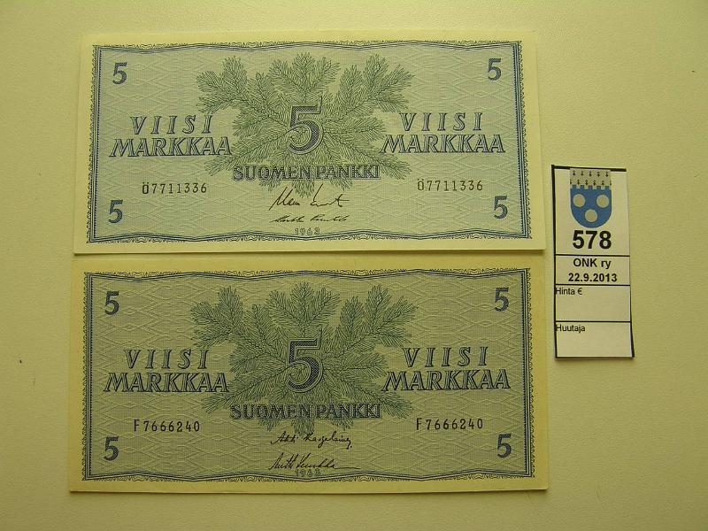 k-0578-a.jpg - Kohde 578, lhthinta: 20 € / myyntihinta: 24 € 5 mk 1963 ilman Litt (2) SNY 135.1 F KA II-Luu,  KO II-Pu1, kunto: 8,8