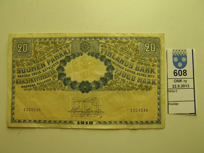 k-0608-a.jpg - Kohde 608, lhthinta: 30 € / myyntihinta: 74 € 20 mk 1918 SNY 157 1209048 BRG-His, kunto: 5