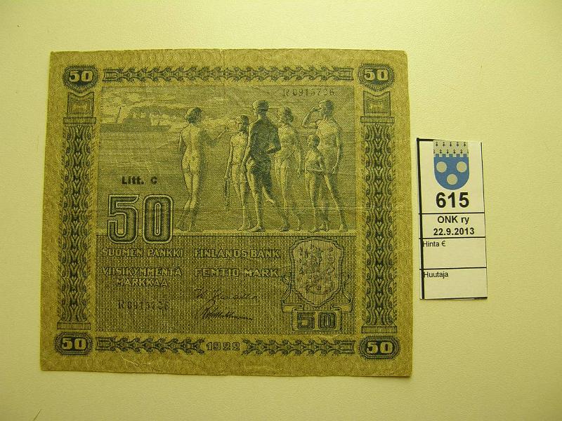 k-0615-a.jpg - Kohde 615, l�ht�hinta: 15 &euro; / myyntihinta: 15 &euro; 50 mk 1922 LC SNY 167.4 R0915706 KIV-Wah, prep�, harv. allek. (v), kunto: 3