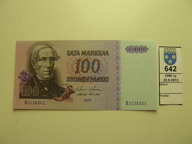 k-0642-a.jpg - Kohde 642, l�ht�hinta: 15 &euro; / myyntihinta: 32 &euro; 100 mk 1976 SNY 184.1 O3138301 HOL-Pun, kunto: 9