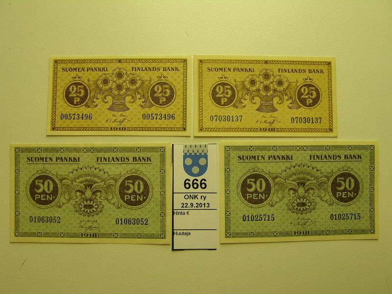 k-0666-a.jpg - Kohde 666, lhthinta: 10 € / myyntihinta: 26 € Er (4) 25-50p 1918 SNY 103;105, 2 x 25p COL-The kl9; 50p 2 x JR-His kl7, BAS-The kl9, kunto: 7-9