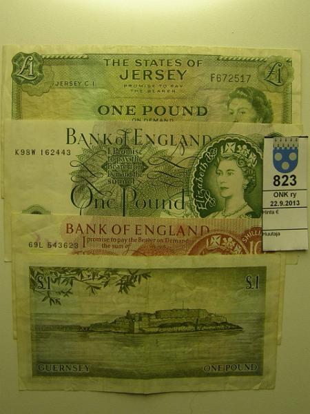 k-0823-a.jpg - Kohde 823, lhthinta: 25 € / myyntihinta: 40 € UK/Guernsey/Jersey 1960-69 P#373b;374c;8b;45b 10 sch (tahra) ja 1 pound Bank of England 1960-64; 1 pound The States of Jersey (Clennet) 1963; 1 pound The States of Guernsey 1969, kunto: 4-5