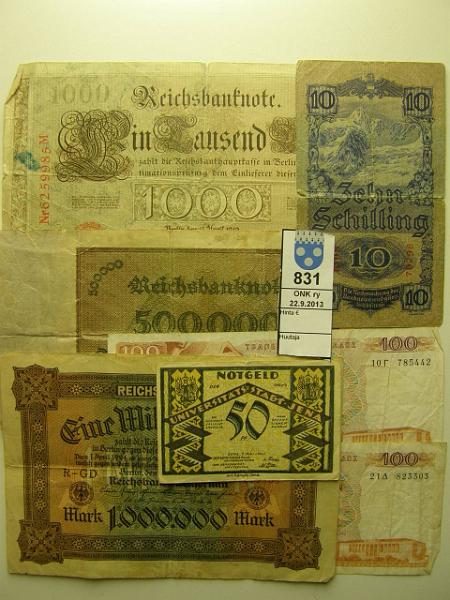 k-0831-a.jpg - Kohde 831, lhthinta: 5 € / myyntihinta: 5 € Er (7) 1910-78 Saksa 1000 mk 1910, 500 000mk-23, 1 milj.mk -23, paikallisseteli 50 pf Jena-21; Itvalta 10 sch -33; Kreikka 100 dr -78(2), kunto: 4-6