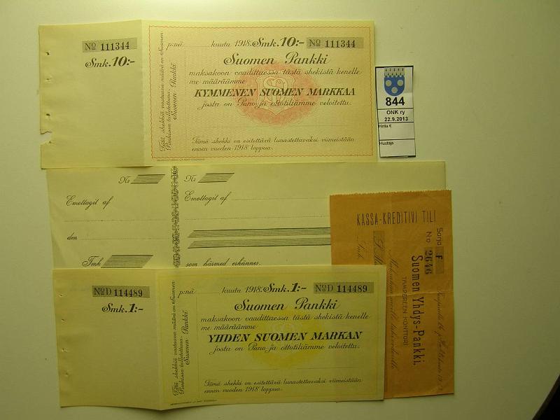 k-0844-a.jpg - Kohde 844, lhthinta: 20 € / myyntihinta: 20 € Vanhat sekit (4) 1918 SYP Tampere 1 SMK, SP 1 ja 10 SMK, ruotsinkielinen avoin sekki, kunto: 4-9