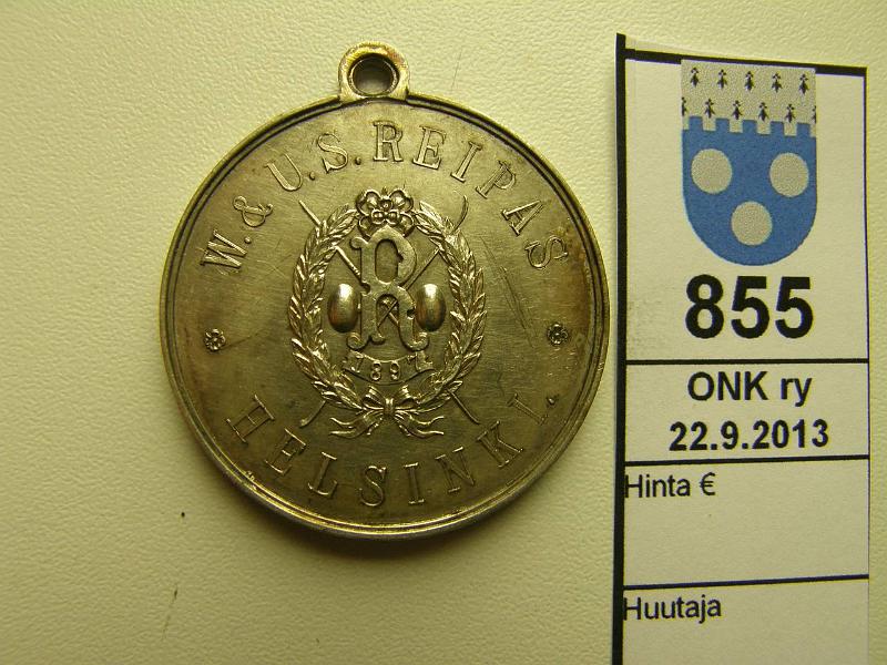 k-0855-a.jpg - Kohde 855 (kuva 1/2), lhthinta: 70 € Suomi 1912 Vaalea metalli, ripustettava, II palkinto paini >70kg 18.3.1912, kullanvriset tammenlaehvt, hnja. 1897 W.&U.S. REIPAS HELSINKI. Erikoinen autonomian ajan mitali!, kunto: 8