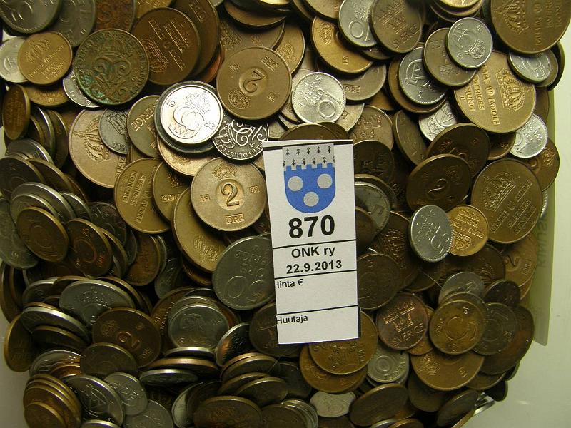 k-0870-a.jpg - Kohde 870, l�ht�hinta: 20 &euro; / myyntihinta: 40 &euro; Ruotsi 1668-1900 l. n. 6kg 1/6�r-5kr Cu, CuNi, Br, vain yksitt�isi� hopeakolikoita. Vanhin 1/6�r 1668, valtaosa 1900 luvun puoliv�li�, suurin osa hyv�kuntoisia ja leimakiiltoa monissa. Mielenkiintoinen er�!, kunto: vk