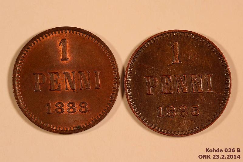 k-0026-b.jpg - Kohde 26 (kuva 2/2), l�ht�hinta: 10 &euro; / myyntihinta: 23 &euro; 1 p 1883, 88 1883 meistihalkeamia, kunto: 7,8
