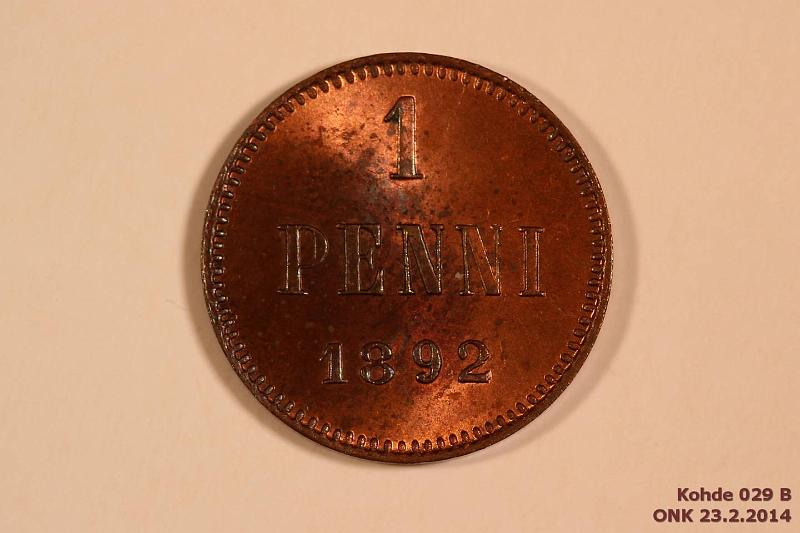 k-0029-b.jpg - Kohde 29 (kuva 2/2), lhthinta: 10 € / myyntihinta: 21 € 1 p 1892 Leimakiiltoa, arvopuolesta  tummaksi patinoitunut, kunto: 8