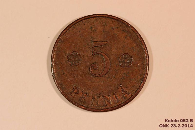 k-0052-b.jpg - Kohde 52 (kuva 2/2), lhthinta: 30 € / myyntihinta: 66 € 5 p 1918 KV I SNY 94.1, eprv, kunto: 6