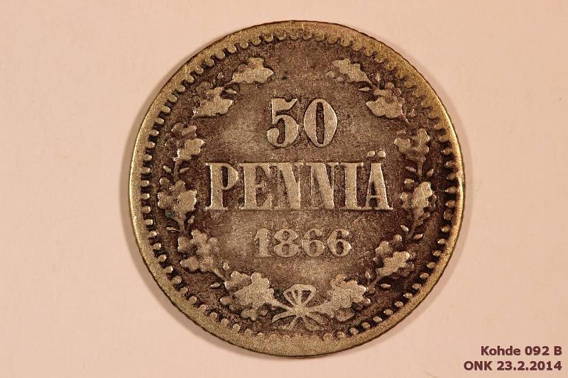 k-0092-b.jpg - Kohde 92 (kuva 2/2), l�ht�hinta: 5 &euro; / myyntihinta: 6 &euro; 50 p 1866 Ag, liev�sti taipunut, kunto: 1/3