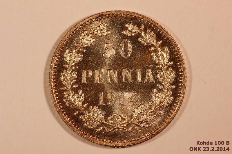 k-0100-b.jpg - Kohde 100 (kuva 2/2), lhthinta: 5 € / myyntihinta: 19 € 50 p 1914 Ag, kullankeltainen patina, hn, muuten loistelias peilipinta, kunto: 9