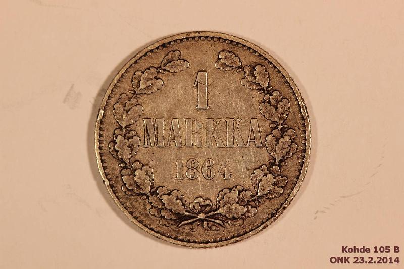 k-0105-b.jpg - Kohde 105 (kuva 2/2), lhthinta: 100 € / myyntihinta: 140 € 1 mk 1864 Ag, SNY 397.2, prvja, kunto: 5/4