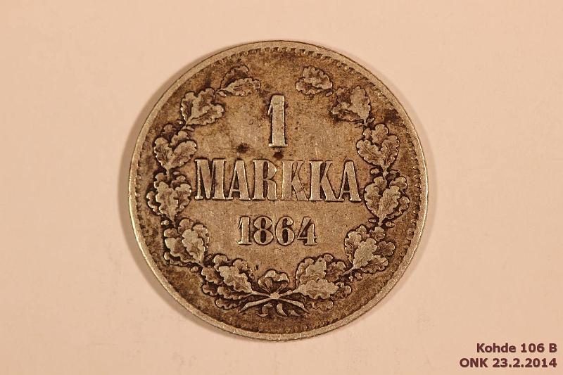 k-0106-b.jpg - Kohde 106 (kuva 2/2), lhthinta: 100 € / myyntihinta: 150 € 1 mk 1864 Ag, SNY 397.2, kunto: 4/5