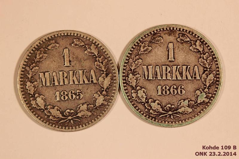 k-0109-b.jpg - Kohde 109 (kuva 2/2), lhthinta: 10 € / myyntihinta: 18 € 1 mk 1865, 66 Ag, kunto: 4