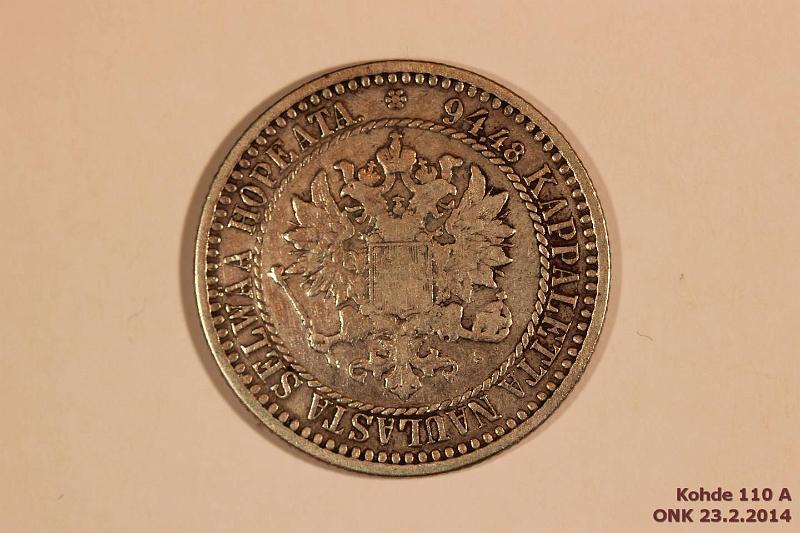 k-0110-a.jpg - Kohde 110 (kuva 1/2), lhthinta: 15 € / myyntihinta: 34 € 1 mk 1867 Ag, SNY 400.1, kunto: 4/3