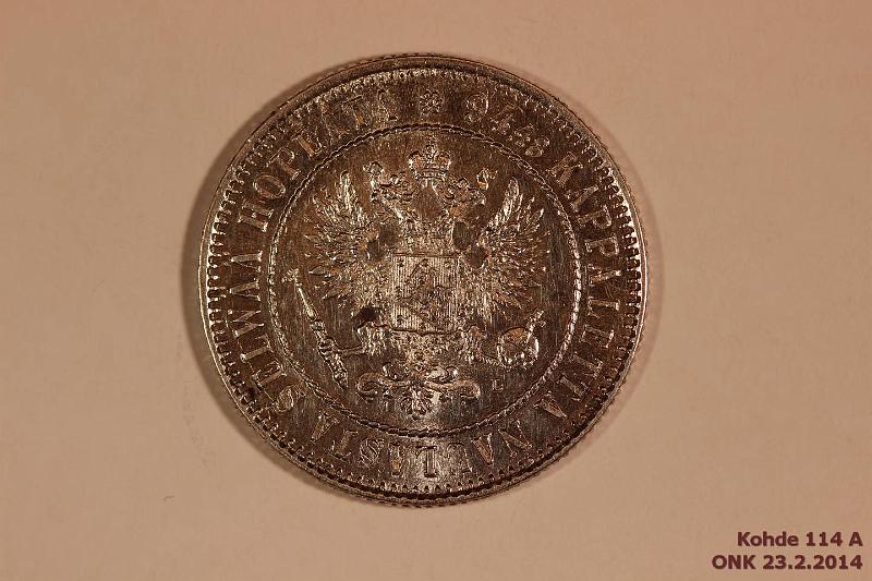k-0114-a.jpg - Kohde 114 (kuva 1/2), lhthinta: 50 € / myyntihinta: 62 € 1 mk 1892 Ag, eritt. kaunis, phpja, kunto: 8