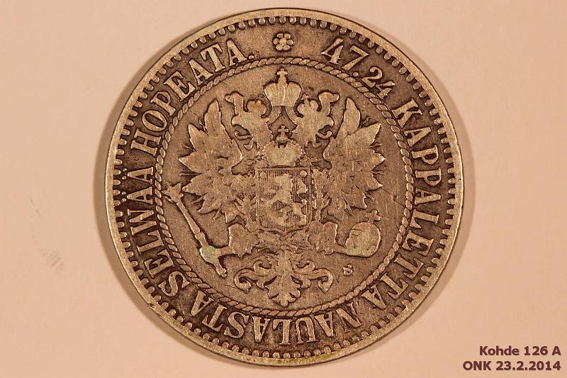 k-0126-a.jpg - Kohde 126 (kuva 1/2), lhthinta: 12 € / myyntihinta: 21 € 2 mk 1866 Ag, SNY 494.1, nimik. raaputettu arvopuolelle, kunto: 4