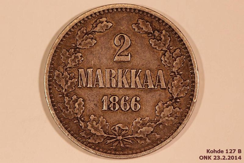 k-0127-b.jpg - Kohde 127 (kuva 2/2), l�ht�hinta: 15 &euro; / myyntihinta: 42 &euro; 2 mk 1866 Ag, SNY 494.1, kunto: 5
