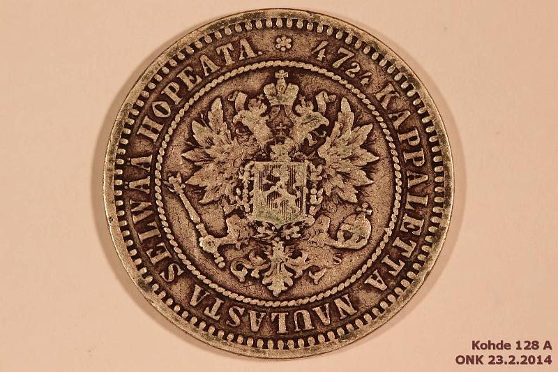 k-0128-a.jpg - Kohde 128 (kuva 1/2), lhthinta: 15 € / myyntihinta: 23 € 2 mk 1870 Ag, prv, kunto: 4