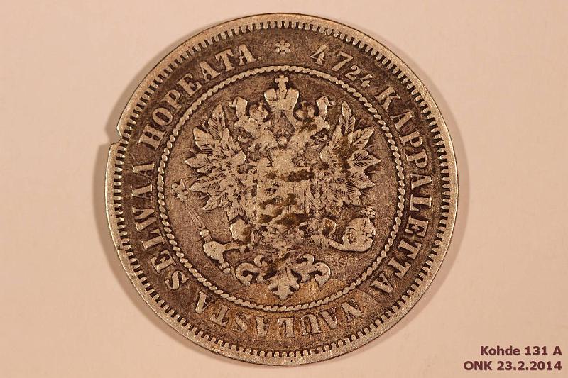k-0131-a.jpg - Kohde 131 (kuva 1/2), lhthinta: 10 € / myyntihinta: 10 € 2 mk 1872 Ag, reuna lovettu, kunto: 3