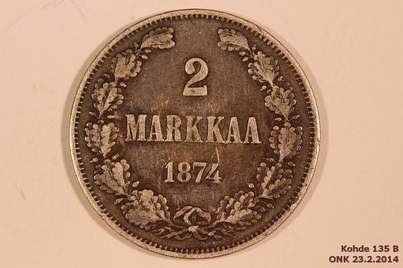k-0135-b.jpg - Kohde 135 (kuva 2/2), lhthinta: 15 € / myyntihinta: 19 € 2 mk 1874 Ag, eprva, kunto: 4