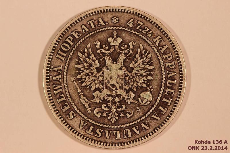 k-0136-a.jpg - Kohde 136 (kuva 1/2), lhthinta: 15 € / myyntihinta: 19 € 2 mk 1874 Ag, eprva, kunto: 4