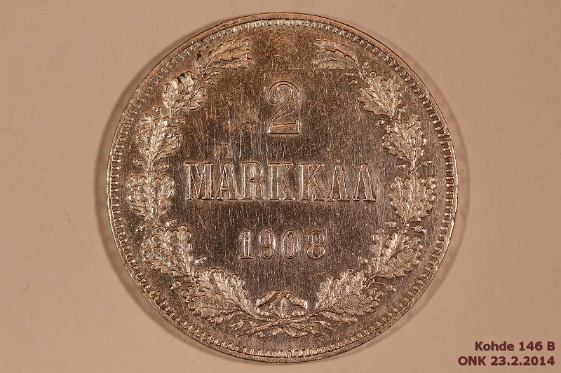 k-0146-b.jpg - Kohde 146 (kuva 2/2), l�ht�hinta: 40 &euro; / myyntihinta: 80 &euro; 2 mk 1908 Ag, hnja, phpja, kaunis!, kunto: 8
