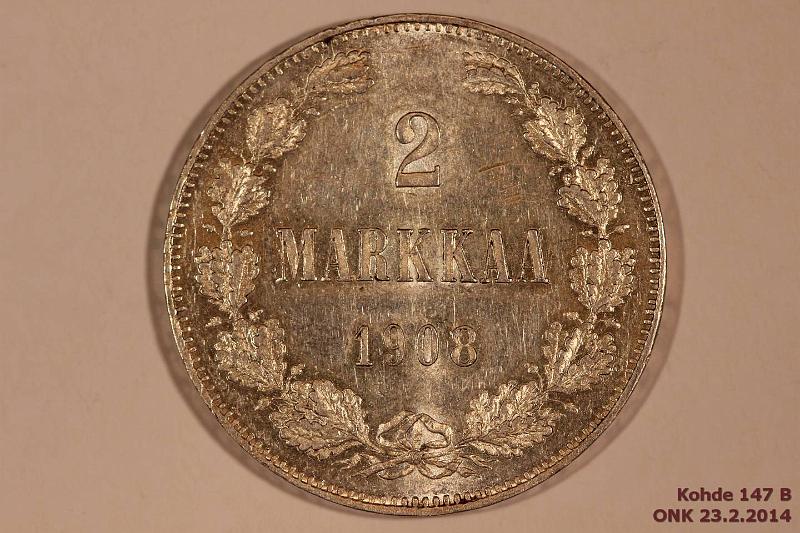 k-0147-b.jpg - Kohde 147 (kuva 2/2), lhthinta: 48 € / myyntihinta: 52 € 2 mk 1908 Ag, hnja, kaunis!, kunto: 8