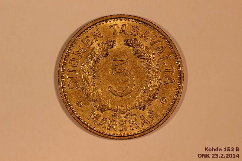 k-0152-b.jpg - Kohde 152 (kuva 2/2), lhthinta: 20 € / myyntihinta: 20 € 5 mk 1939 AlBr, kunto: 7
