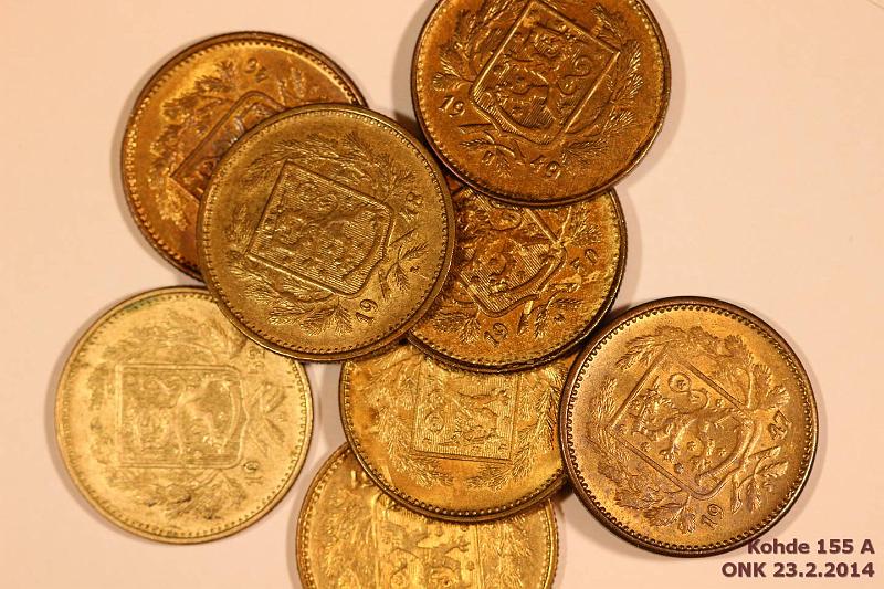 k-0155-a.jpg - Kohde 155, lhthinta: 20 € / myyntihinta: 21 € 5 mk 1946-52 (8) Mess., kaikki v:t, leimakiiltoa, osassa tummentumia ja mvja, kunto: 6-8