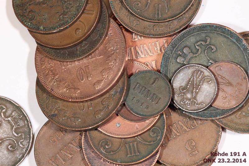 k-0191-a.jpg - Kohde 191, lhthinta: 10 € / myyntihinta: 10 € 1-10 p 1866-1917 (25) Cu, 1p 1907-16 (7); 5p 1865-1917 (11); 10p 1896-1916 (7). Osassa vikoja, kunto: 2-6