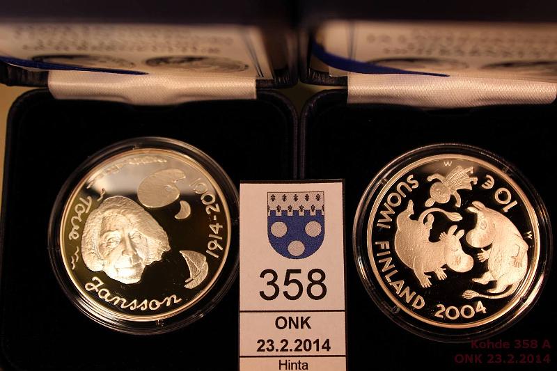 k-0358-a.jpg - Kohde 358, lhthinta: 40 € / myyntihinta: 42 € 10 € 2004 (2) Ag, Proof, Jansson/Muumit, kotelot + tod., kunto: 10