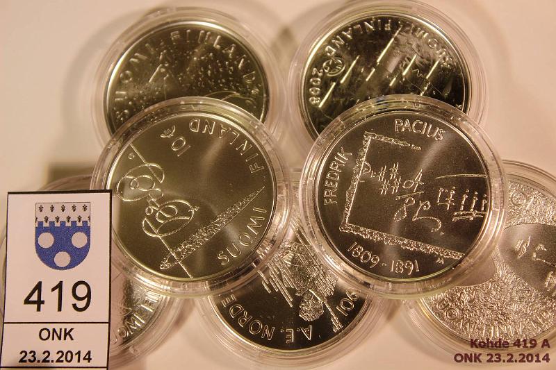 k-0419-a.jpg - Kohde 419, lhthinta: 139 € 2006-10 (7) Ag, BU, Eduskunta, Nordenskild, Agricola, Waltari, Lippu, Pacius, Canth, kapselit + tod., kunto: 10