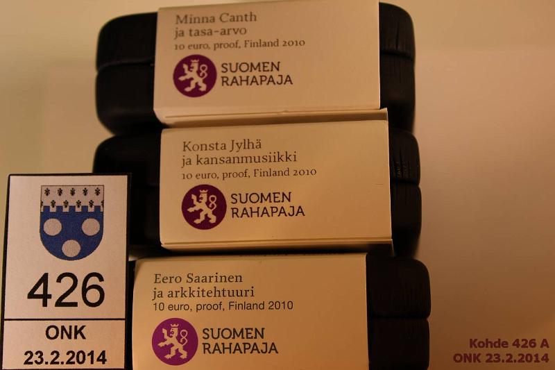 k-0426-a.jpg - Kohde 426, l�ht�hinta: 69 &euro; 2010 (3) Ag, Proof, Saarinen, Canth, Jylh�, kotelot + tod., kunto: 10