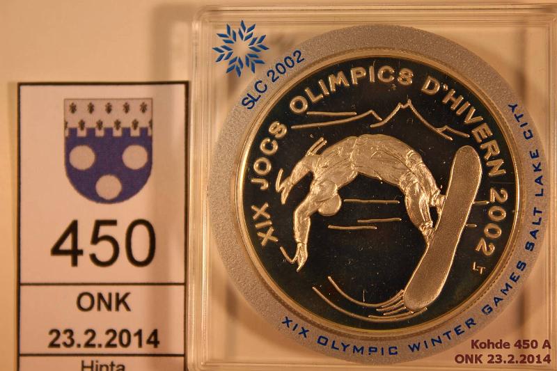 k-0450-a.jpg - Kohde 450, l�ht�hinta: 17 &euro; / myyntihinta: 17 &euro; Andorra 10 dinera 2002 Ag, Proof, Salt Lake City 2002, lumilautailu, kapseli, kunto: 10