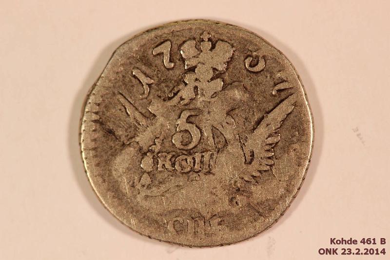 k-0461-b.jpg - Kohde 461 (kuva 2/2), lhthinta: 25 € 5 kop 1757 C#15.2, kunto: 2