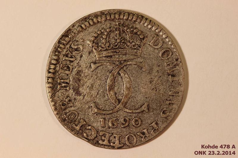 k-0478-a.jpg - Kohde 478 (kuva 1/2), lhthinta: 15 € / myyntihinta: 15 € 5 r SM 1690 KM#310 Ag, el.puhd, kunto: 4
