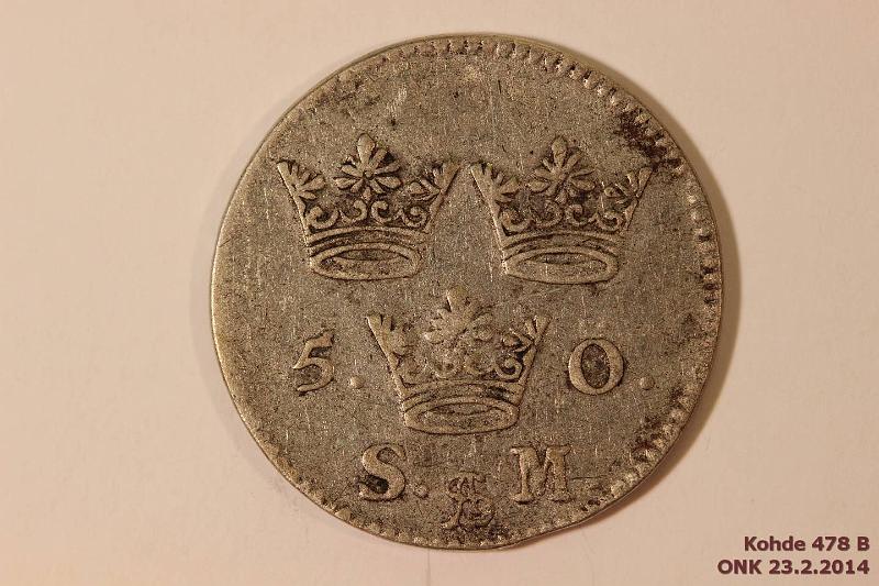 k-0478-b.jpg - Kohde 478 (kuva 2/2), lhthinta: 15 € / myyntihinta: 15 € 5 r SM 1690 KM#310 Ag, el.puhd, kunto: 4