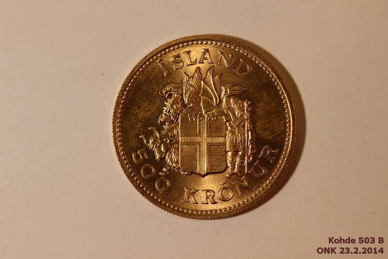 k-0503-b.jpg - Kohde 503 (kuva 2/2), lhthinta: 200 € / myyntihinta: 255 € Islanti 500 kr 1961 KM#14 Au, 8,96g/900, Jon Sigurdsson, kunto: 9