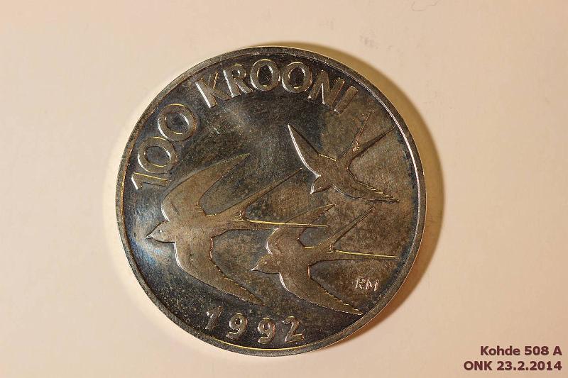 k-0508-a.jpg - Kohde 508, lhthinta: 12 € / myyntihinta: 16 € Eesti 100 kr 1992 KM#27 Ag, proof, kunto: 8