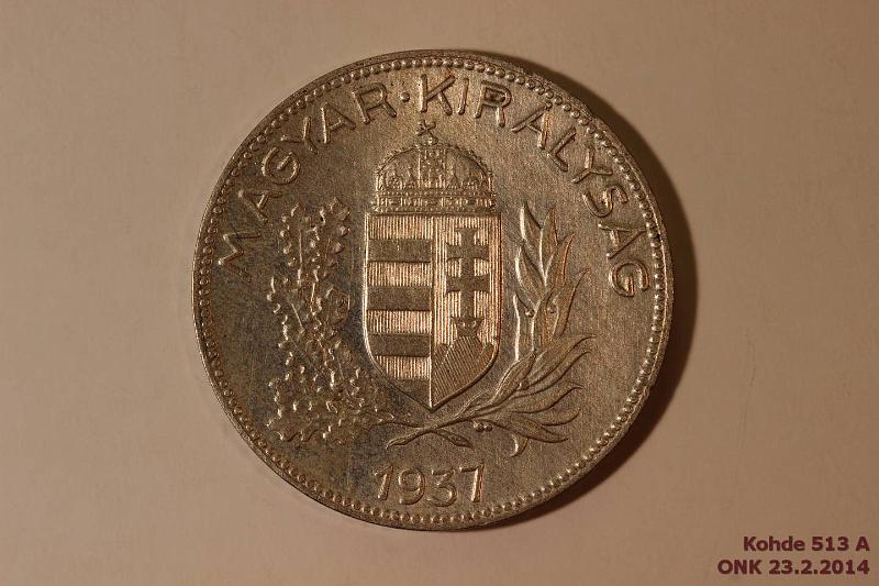 k-0513-a.jpg - Kohde 513, lhthinta: 5 € / myyntihinta: 7 € Unkari 1 peng 1937 KM#510 Ag, 5g/640, kapseli, kunto: 8