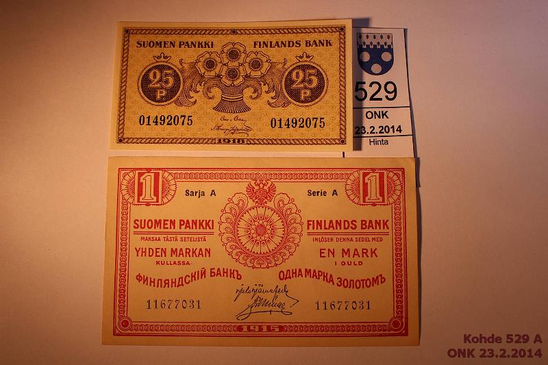 k-0529-a.jpg - Kohde 529, lhthinta: 10 € / myyntihinta: 13 € 25 p ja 1 mk 1915, 18 SNY 193, 111.2.1. 25p 1918 01492075 COL-His; 1mk-15 Sarja A JR-Ml. Nurkissa sanomista, ei taitteita, kunto: 9,7