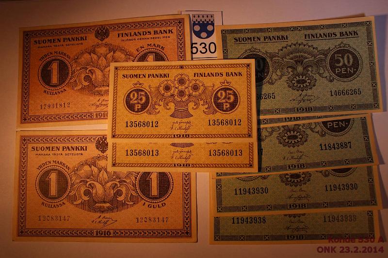 k-0530-a.jpg - Kohde 530, lhthinta: 20 € / myyntihinta: 48 € 25 p - 1 mk 1916-18 (9) SNY 103, 105, 112.1 25p 1918 (2), 50p-18(5), 1mk-16(2), kunto: 7-9