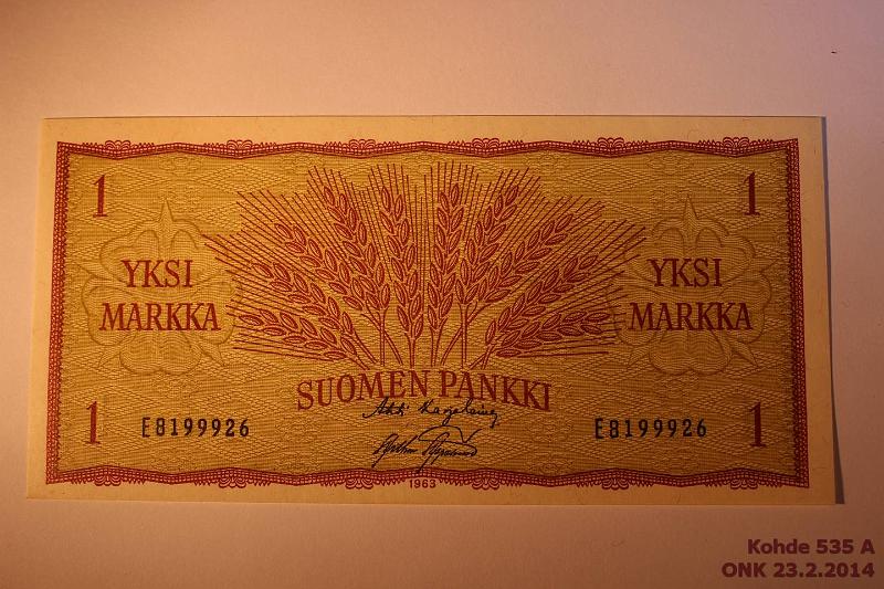 k-0535-a.jpg - Kohde 535, lhthinta: 45 € / myyntihinta: 45 € 1 mk 1963 SNY 114.1 E8199926 KA I-AAs, painauma, ei taitteita, kunto: 8