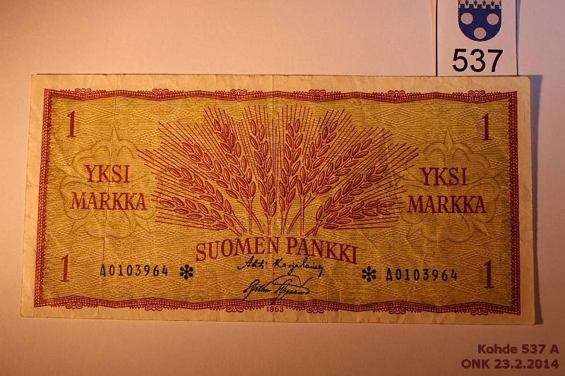 k-0537-a.jpg - Kohde 537, lhthinta: 10 € / myyntihinta: 10 € 1 mk 1963* SNY 114.2 A0103964* KA I-AAs, neulanreik. Korvaava, kunto: 4